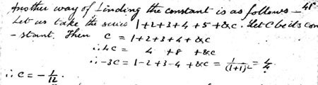 Página del cuaderno de Ramanujan donde deduce que la suma 1+2+3+4+... vale -1/12